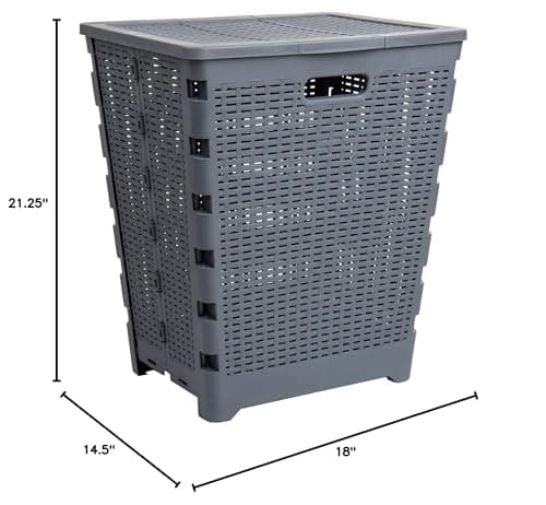 Mind Reader 61L Foldable Laundry Hamper, Clothes Basket, Lid, Wicker Design, Plastic, 18"L x 14.5"W x 21.25"H, Gray 9