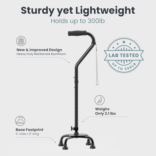 PELEGON Quad Cane (300 lb) - Adjustable Walking Cane with A Large 4 Pronged Base for Extra Balance & Stability, Walking Canes for Seniors, Walking Cane for Men & Women, Walking Sticks (Black) 5