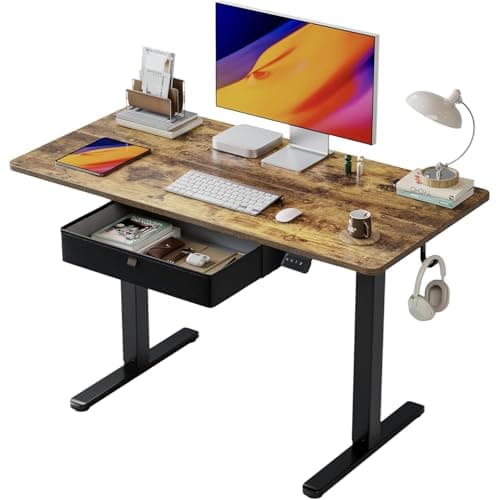 FEZIBO 48 x 24 Inches Standing Desk with Drawer, Adjustable Height Electric Stand up Desk with Storage &2 Hooks, Ergonomic Computer Workstation, Rustic Brown