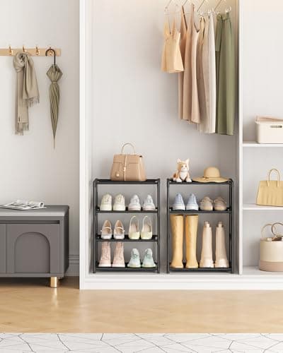 HITHIM 4 Tiers Small Shoe Rack,Narrow Stackable Shoe Shelf Organizer,Sturdy Shoe Stand, Non-Woven Fabric Metal Shoe Racks for Entryway, Doorway and Bedroom Closet 6