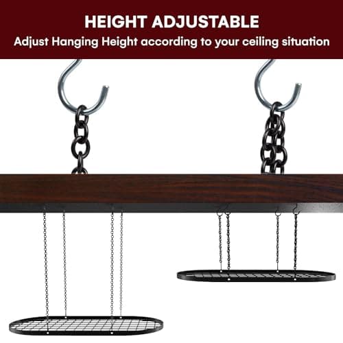 Vdomus Heavy-Duty Hanging Pot Rack - 33x17 Inches - Stylish Black Alloy Steel Ceiling Storage with 15 Hooks - Organize Kitchen Cookware and Utensils - Space-Saving Mounted Overhead Holder 8