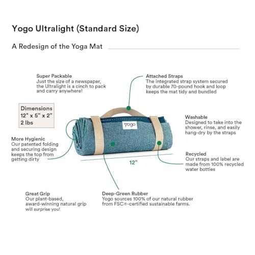 Yogo Ultralight Folding Travel Yoga Mat with Attached Straps, FSC®-Certified Plant Rubber, Sticky Grip, Non-Slip, Best Travel Yoga Mat® 8