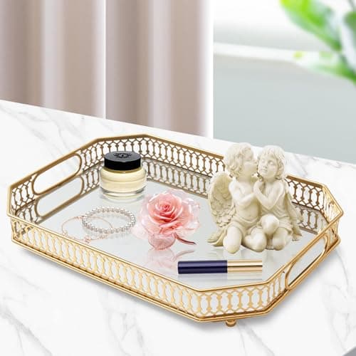 Vintage Gold Mirrored Vanity Mirror Tray Decorative Perfume and Makeup Organizer with Handles for Dresser,Bathroom or Jewelry Display, Decor Home Large Size (Large) 7
