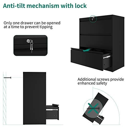YITAHOME 3 Drawer Lateral File Cabinet with Lock, Metal Stainless Steel Wide Lateral Filing Cabinet for Legal/Letter A4 Size, Office Organizer Storage Cabinet, Black 5