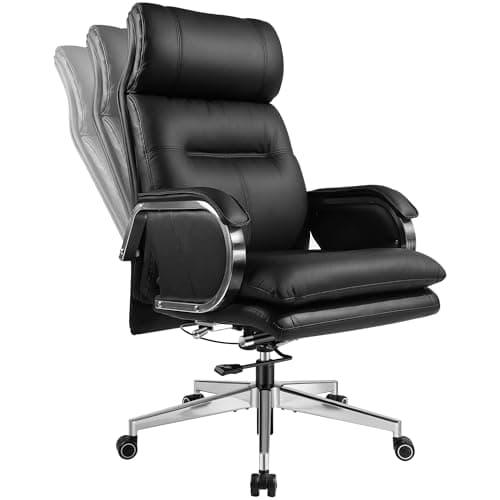 HUAUR Genuine Leather Modern Executive Chair High-Back Support 90 to 150 Degrees Tilt and Upholstered Home Desk Chair with Base 360LB Capacity Swivel Computer Office Chair (Black)