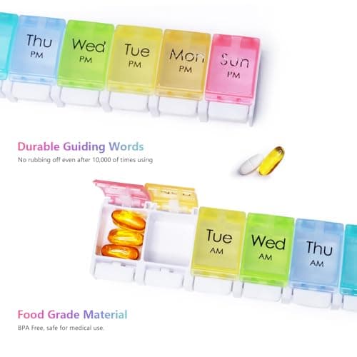 MOLN HYMY Large Pill Organizer 2 Times a Day, AM PM Pill Box 7 Day, 14 Dividers 2 Week Medicine Pill Organizer with Easy Push Button for Medication, Vitamins, Fish Oils, Supplements 5