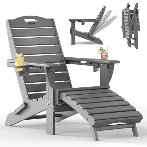 SUUNYN Folding Adirondack Chair with Retractable Ottoman, Weather Resistant Fire Pit Chair Patio Chair with 2 Cup Holder Lawn Outdoor Lounge Chair (Grey)