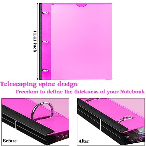 INFUN All-in-one Telescoping Binder Notebook, Refillable 3 Ring Notebook Binder with 1 Plastic Movable Pocket Folder,5 Plastic Subject dividers and Graph Paper and College Ruled Paper- Pink 5