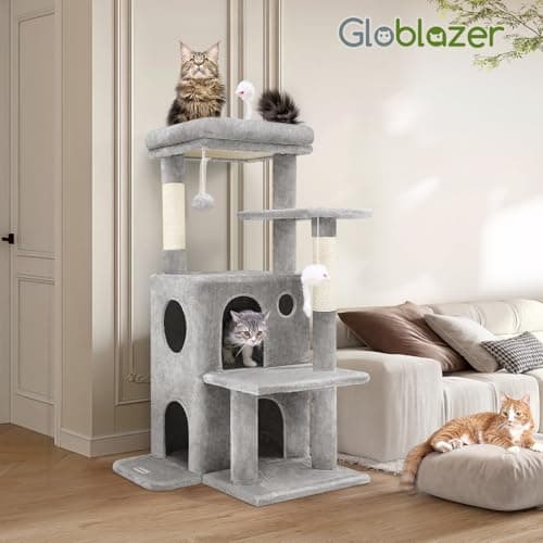 Globlazer Cat Tree Tower for Indoor Cats, 50-inch Adult Cat Tree House for Large Adult Cats with Steps, Scratching Post, 2 Cat Caves, Dangling Toys, FC50, Light Grey 7