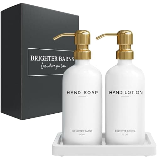Luxury Glass Soap and Lotion Dispenser Set with Tray by Brighter Barns - Hand Soap Dispenser Bathroom Set & Stainless Steel Pump for Home or Airbnb - White and Gold Bathroom Accessories & Decor (Gold) 8