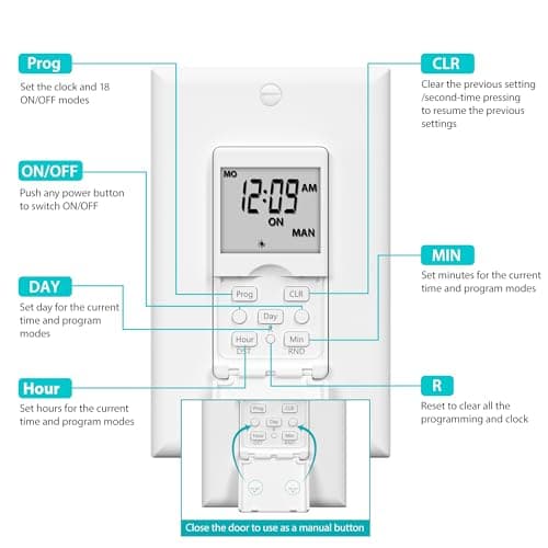 BN-LINK 7 Day Programmable in-Wall Timer Switch for Lights, Digital Light Switch Timer Indoor, Single Pole and 3 Way (Compatible with SPDT) Both Use, Neutral Wire Required, No Backlight, ETL Listed 8