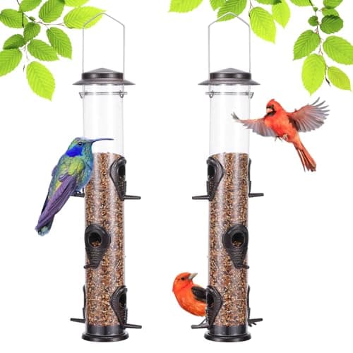 MIXXIDEA 2PK Metal Wild Bird Feeder Squirrel Proof Bird Feeders for Outside Hanging 6 Port Tube Bird Feeder Transparent Finch Feeder with Steel Hanger (Coffee)