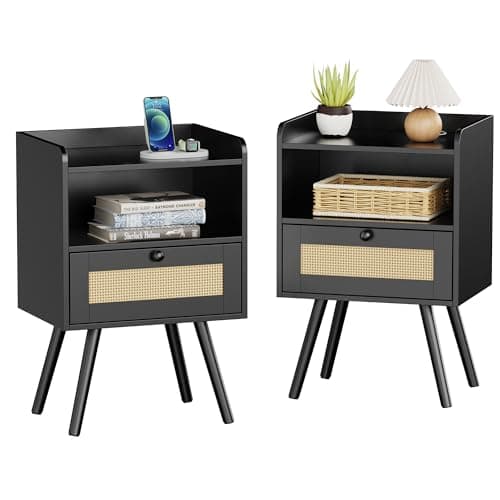 SUPERJARE Nightstands Set of 2, Bedside Tables with PE Rattan Drawers, Rattan Side Table with Storage & Solid Wood Feet, End Table for Bedroom, Black