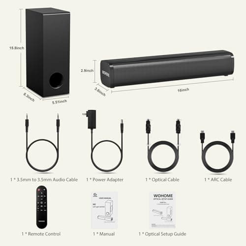 Wohome Sound Bar for Smart TV with Wired Subwoofer, 2.1 CH Small TV Soundbar Speakers, Support Bluetooth 5.3/ARC/Optical/AUX/USB Connectivity, S100 Pro, Black 6