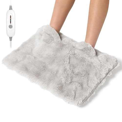 Electric Foot Warmer, Luxury Faux Fur Heating Pad for Feet Pain Relief Cramp, Heated Foot Warmer for Under Desk & Bed with 3 Heat Settings & 2H Auto-Off, ETL Certified, 16x22 Inch, Light Grey