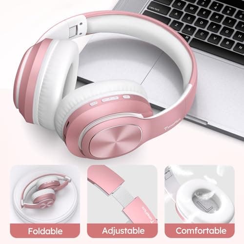 TuneFlux Wireless Bluetooth Headphones Over Ear, 80H Playtime, 3EQ Sound Modes, HiFi Stereo Headphones with Deep Bass, Foldable Bluetooth 5.3 Headsets for Smartphone/PC/Computer-Rose Gold 7