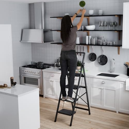 4 Step Ladder, Folding Step Stool with Wide Anti-Slip Pedal, Sturdy Steel Ladder, Convenient Handgrip, Lightweight, Portable Steel Step Stool, Black 5