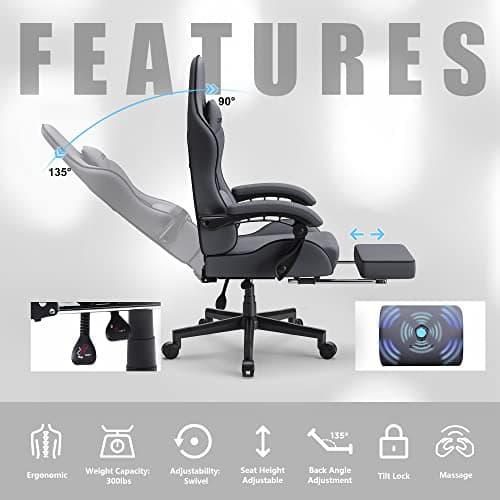 Dowinx Gaming Chair Fabric with Coil Spring Cushion, Ergonomic Game Chair for Adults with Footrest and Massage Lumbar Support, Cloth Computer Office Chair 290LBS, Grey 6