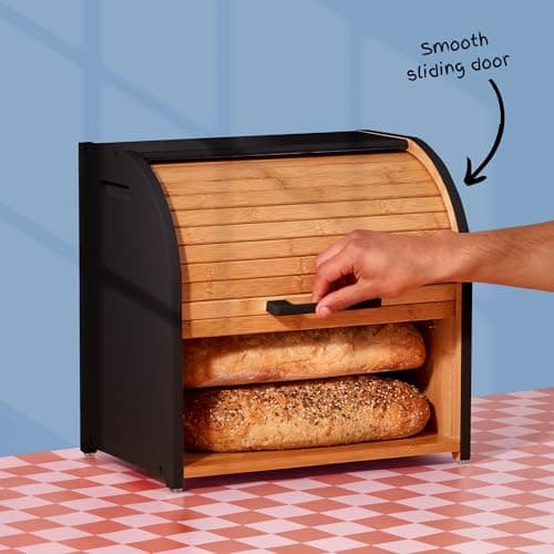 HOMEFULLY Bamboo Double Layer Bread Box for Kitchen Countertop, Roll Top Wood, Extra Large Kitchen Storage, Modern Wooden Bin (Black) 5