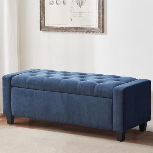 Zihanhome Ottoman with Storage, 48.8" Fabric Storage Ottoman Bench with Hinge, Bedroom Bench, Upholstered Benches with Seating for Living Room, Entryway (Dark Blue)