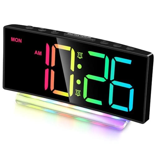 Cadmos Extra Loud Alarm Clock for Heavy Sleepers Adults,Teens,Kids,Rainbow Clock for Bedrooms,Small Bedside Digital Clock with Large Display,7 Color Night Light,12/24h(Black+Dynamic)