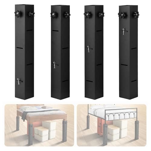 IRONWALLS College Dorm Bed Risers 4 Packs, 2.3” Diameter Square Metal Bed Risers Heavy Duty, Tall Bed Furniture Risers, Bed Frame Lift Risers Adjustable to 11”, 8”, 5”, 3” Height, Hold Up to 9000LBS
