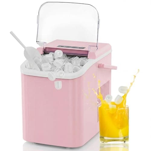NEWBULIG Ice Makers Countertop with Handle, Portable Ice Machine, 9 Bullet Ice Cubes in 6 Mins, 26lbs in 24Hrs, Auto-Cleaning, with Basket and Scoop, for Home, Kitchen, RV, Camping,Light Pink