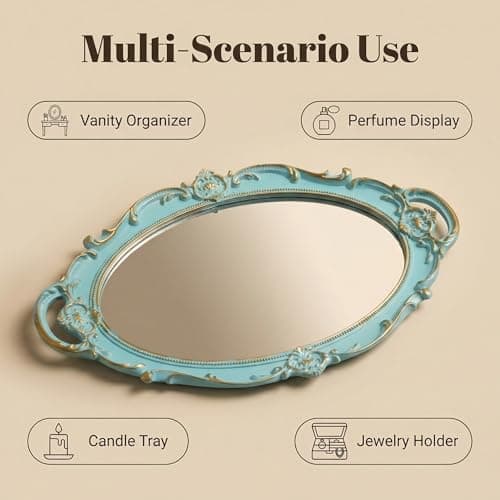 Schonee Oval Vintage Decorative Mirror Tray, Jewelry Dresser Organizer Tray, Cosmetics Makeup Storage Organizer, Serving Tray (9.8”x 14.6”) Blue 5