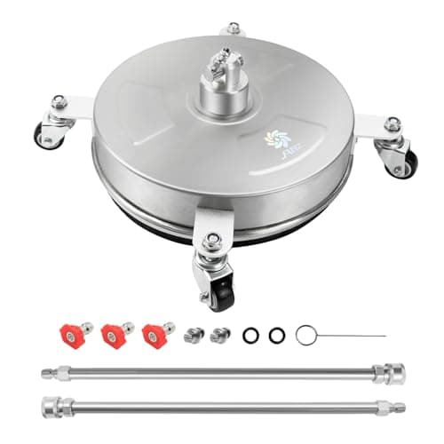 janz 14" Pressure Washer Surface Cleaner with 4 Wheels, Stainless Steel Housing, 1/4" Quick Plug, 2 Extension Wands, 2 Replacement Nozzles and 3 Spray Nozzles, 4000 PSI