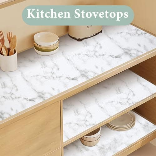 2-Layer Drawer and Shelf Liner for Kitchen Cabinet: 12 in X 20 Ft Non Slip Waterproof Shelf Paper Non Adhesive Refrigerator Liners White Marble Easy Liners for Bathroom with Knife Tape Measure 6