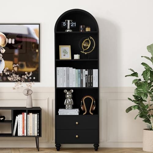 YUCHIATH 75.59" H Arched Bookcase, 4-Tier Arched Cabinet Bookcase with Drawer and Shelves, Accent Display Cabinet with 2 Drawer Storage for Living Room, Reading Room and Bedroom (Black)
