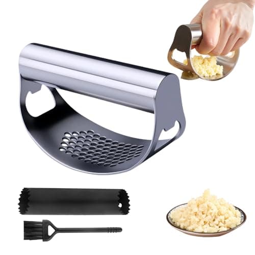 Stainless Steel Garlic Press Rocker, 2025 New Heavy Duty Gralic Crusher Tool with Peeler and Brush for Smash Garlic Built-in Bottle Opener - Easy Kitchen Gadget for Effortless Garlic Prep (1, black)