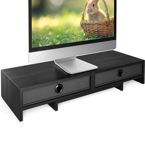 Bamneat Computer Monitor Stand with Two Drawers, Premium Dual Monitor Stand Riser, Adjustable Length and Angle Monitor Riser for 2 Monitors, Desk Organizer, Pre-Assembled