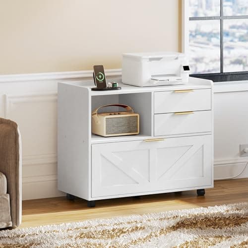 HOOBRO Lateral File Cabinet, Wooden Office Storage Drawers with Charging Station, Filing Cabinet for Home Office, A4/Letter/Legal-Sized Files, Printer Stand with Open Storage Spaces, White WT37UWJ01 7