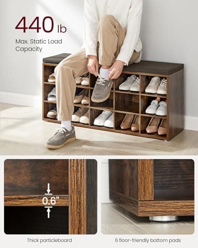 VASAGLE CUSTOS Collection - Shoe Bench, Storage Bench with Padded Seat, Entryway Bench with 15 Compartments, for Bedroom, 11.8 x 41.3 x 18.9 Inches, Rustic Brown and Chestnut Brown ULHS15BX 5