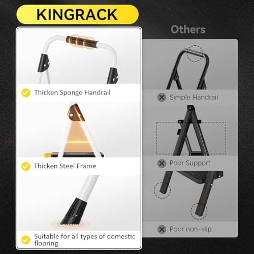 KINGRACK 4 Step Folding Ladder, 800lbs Capacity Step Stool with Safety Lock, Non-Skid Wide Pedals, and Handrail, Lightweight, Household Ladder for Home, Kitchen, Pantry, Closets, and Office Use, White 5