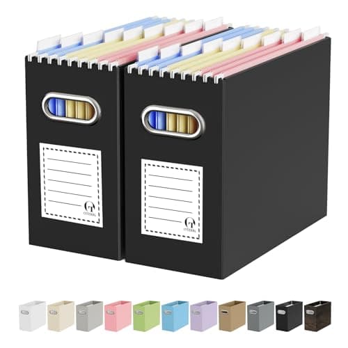 Oterri File Organizer Box, Portable Collapsible Cardboard File Folder Organizer with Handle for Letter Size Hanging Files, Document Storage Box for Home Office & Classroom (2 Packs, Black)