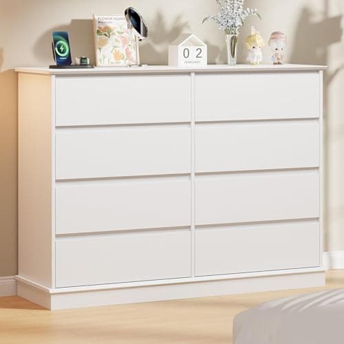 GarveeHome 8 Drawer Dressers for Bedroom, Chest of Drawers with Deep Drawers, Large Double Dresser for Closet with Wide Top, Horizontal Wooden Dresser for Living Room, Hallway, Kids Room, White