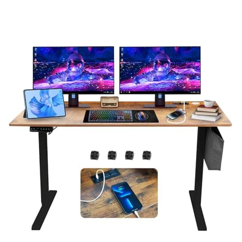 PORIYA 55x24 Inch Electric Height Adjustable Standing Desk with Cable Management, Splice Board, Mouse Pad, 2-Outlet Power Strip with USB 20W Charger, and Casters (Brown 55 * 24)