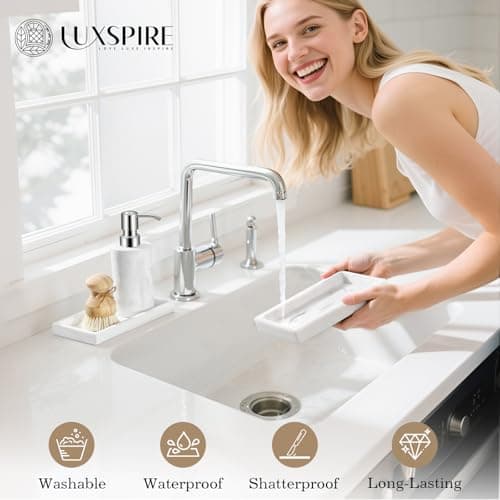 Luxspire Bathroom Vanity Tray - 2 Pack (7.9" x 4") Silicone Soap Dish for Kitchen Countertop, Bathroom Counter Tray for Soap Dispenser Perfume Jewelry Accessories, Marble White 5
