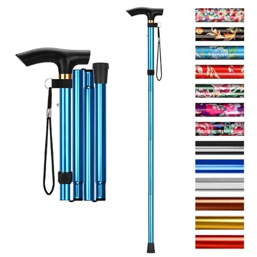 supregear Folding Cane, 5-Level Adjustable Height Walking Stick Lightweight Collapsible Portable Travel Cane with Wrist Strap and T Handle for Elderly Disabled Men Women, Blue