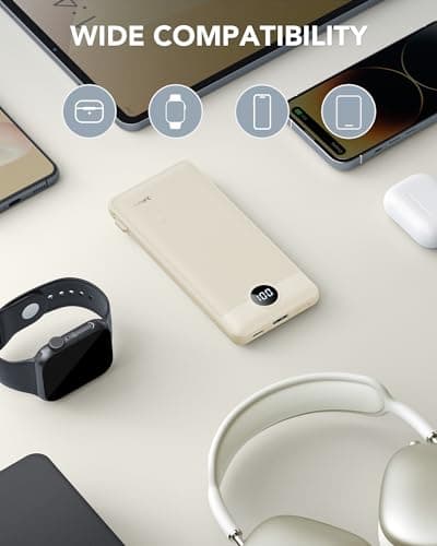 Portable Charger Built-in Cables and AC Wall Plug, USB C Power Bank 10000mAh, Travel Battery Portable Phone Charger Compact Lightweight External Battery Pack for Smart Phones, Tablets etc-Light Coffee 7