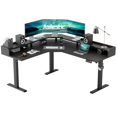 Agilestic L Shaped Standing Desk, Adjustable Height Corner Gaming Desk with Shelf, Sit Stand Up Desk, 63 x 55 Inch Home Office Computer Table, Black