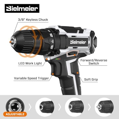 Bielmeier 20V MAX Cordless Electric Drill Set with LED Light - Electric Drill, Variable Speed, 64+1 Position, 3/8" Keyless Chuck, Flex Shaft, 28pcs Drill Bits, Battery & Charger Included 7