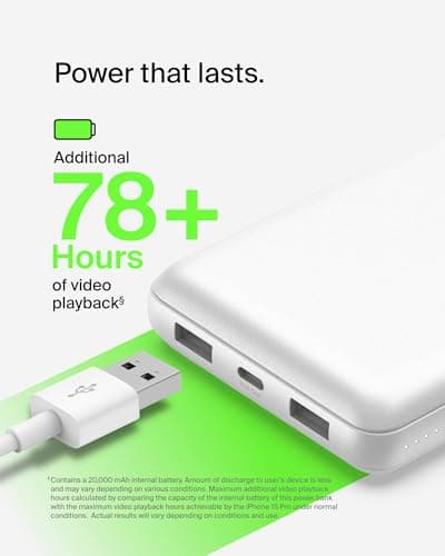 Belkin Portable Charger, USB C Power Bank 20000 mAh w/ 1xUSB-C Port & 2xUSB-A Ports, 15W w/Type-C to Type-A Cable - iPhone 17, Samsung Galaxy S25, Nintendo Switch 2, Google Pixel 10, etc. - White 6
