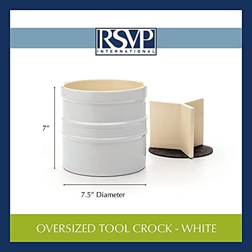 RSVP International Large Ceramic Utensil Holder, Kitchen Tool Crock Includes Removable Divider Allows Tools to Stand Straight, Non-Scratch Bottom to Protect Countertops, 7.5x7, White 7