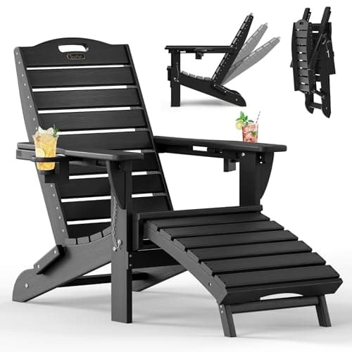 SUUNYN Folding Adirondack Chair with Retractable Ottoman Weather Resistant Fire Pit Chair Patio Chair with 2 Cup Holder Lawn Outdoor Lounge Chair (Black)