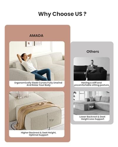Amada 80" L Shaped Sofa Modular, Corduroy Clopud Couches with Deep Seats &High-Back, Upholstered Couches for Living Room Bedroom with Ottoman, No Assembly Required(2-Seater&1 Ottoman,Beige White) 6