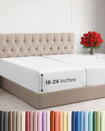 Extra Deep Split King Fitted Sheet - Hotel Luxury Single Fitted Sheet Only - Easily Fits 18 inch to 24 inch Mattress - Ultra Soft, Wrinkle & Fade Free w/Extra Deep Pocket - Breathable & Comfy - White