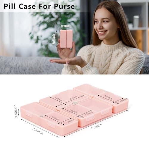 FYY Daily Pill Organizer, 7 Compartments Portable Pill Case Travel Pill Organizer,[Folding Design] Pill Box for Purse Pocket to Hold Vitamins,Cod Liver Oil,Supplements and Medication-Pink 7